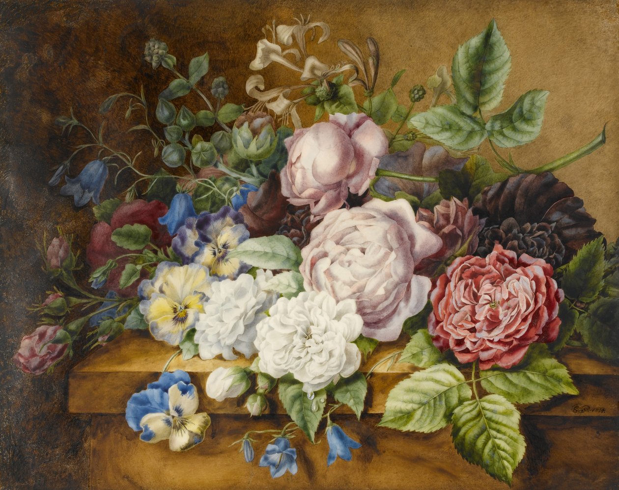 Kwiaty na półce, 1814 (wc i bodykolor na papierze) autorstwa Ernestine Panckoucke