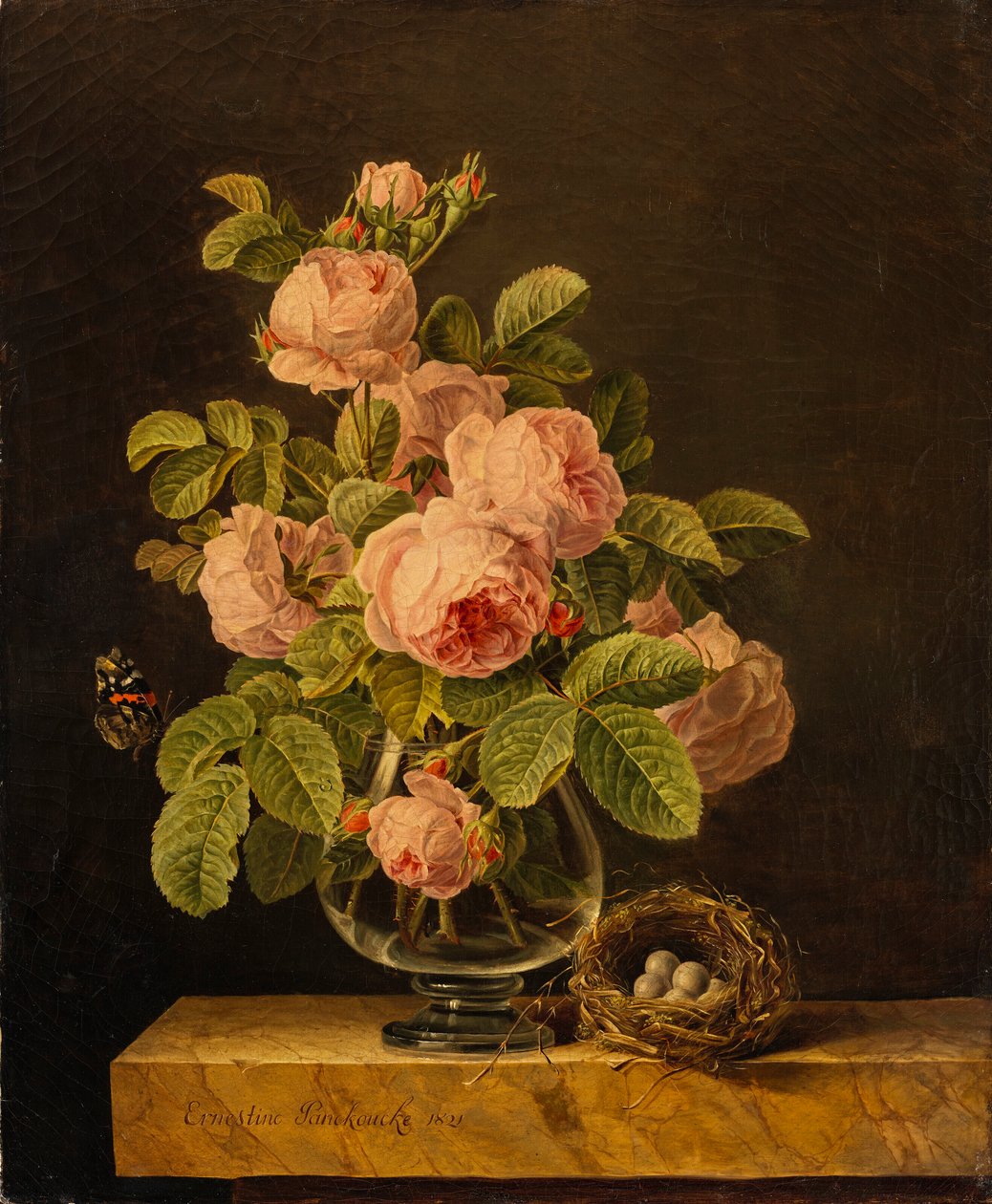 Ernestine Panckoucke - Wazon z różami z motylem i gniazdem na półce autorstwa Ernestine Panckoucke