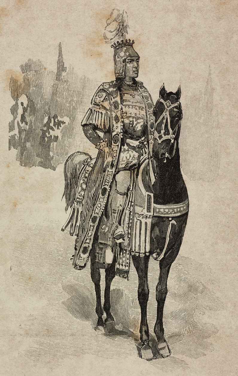 Książę Aosty Emanuele Filiberto Sabaudii w stroju Umberto Biancamano na turnieju w Villa Borghese z okazji srebrnego ślubu Umberto I i Małgorzaty Sabaudzkiej, Rzym, Włochy autorstwa Ernesto Mancastroppa