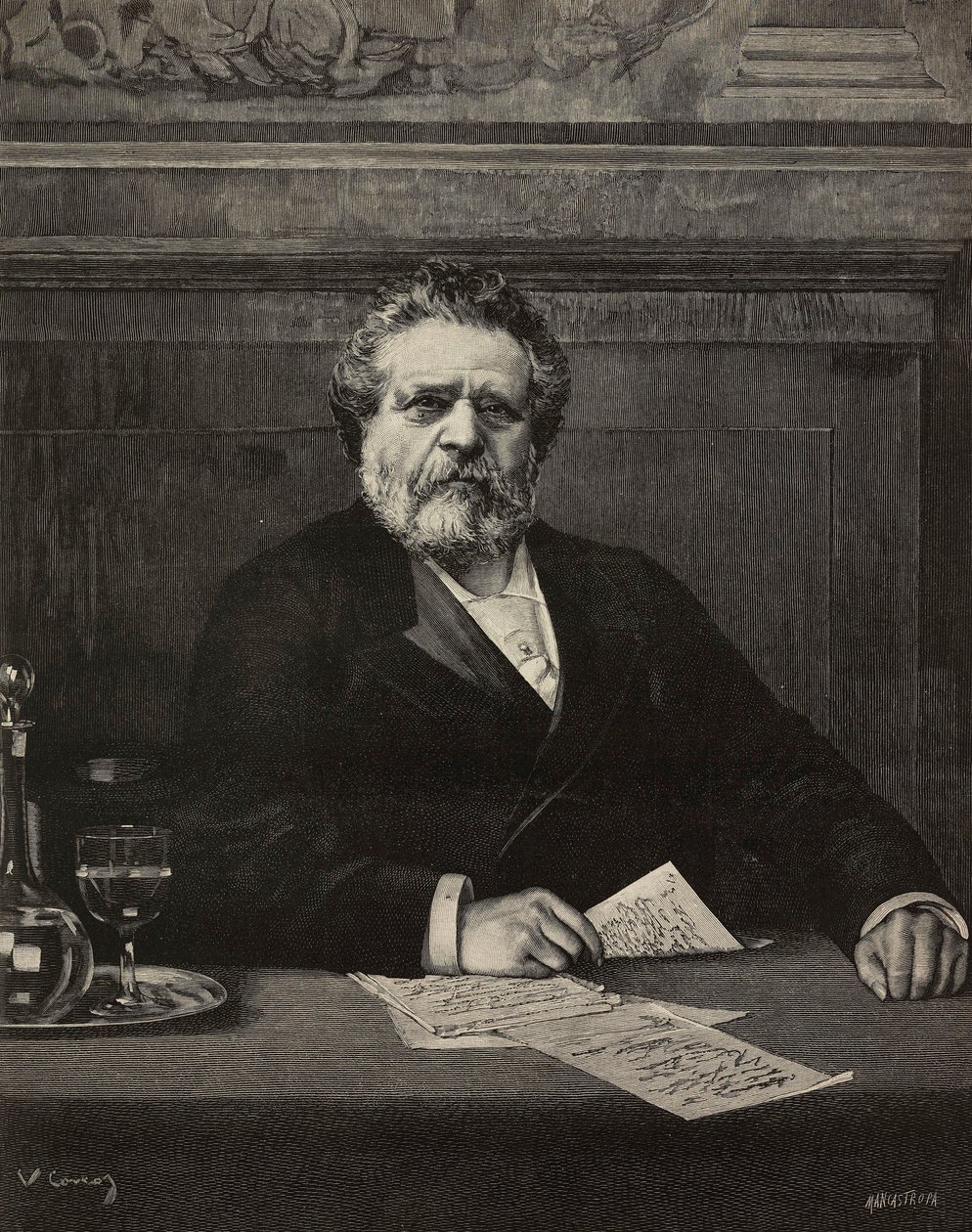 Giosue Carducci (1835-1907), włoski poeta i pisarz, laureat Nagrody Nobla w 1906, rycina Ernesto Mancastroppa z obrazu Vittorio Corcos, z L