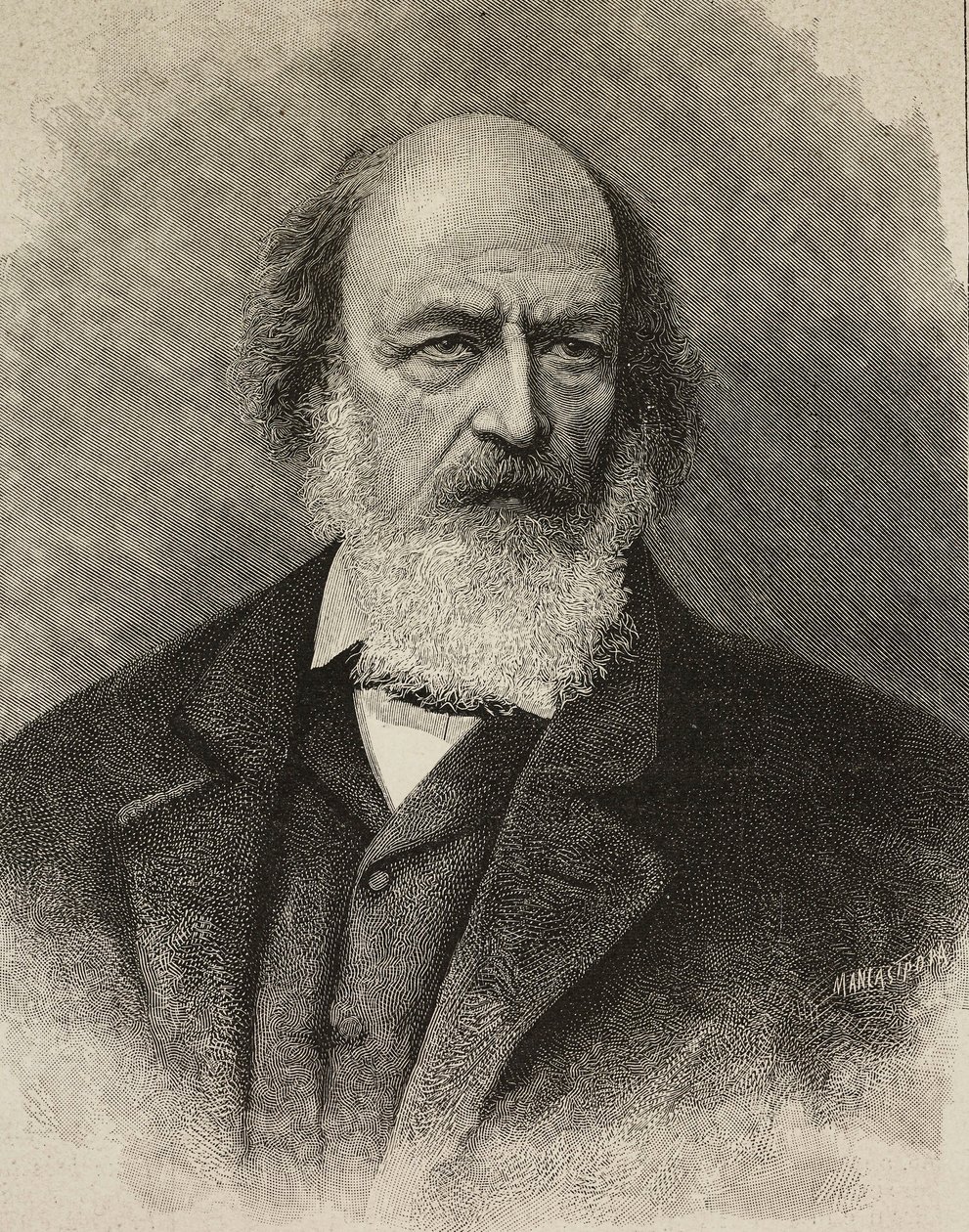 Portret Alfreda Tennysona (1809-1892), brytyjskiego poety, rycina Ernesto Mancastroppa z fotografii Barraud, z L