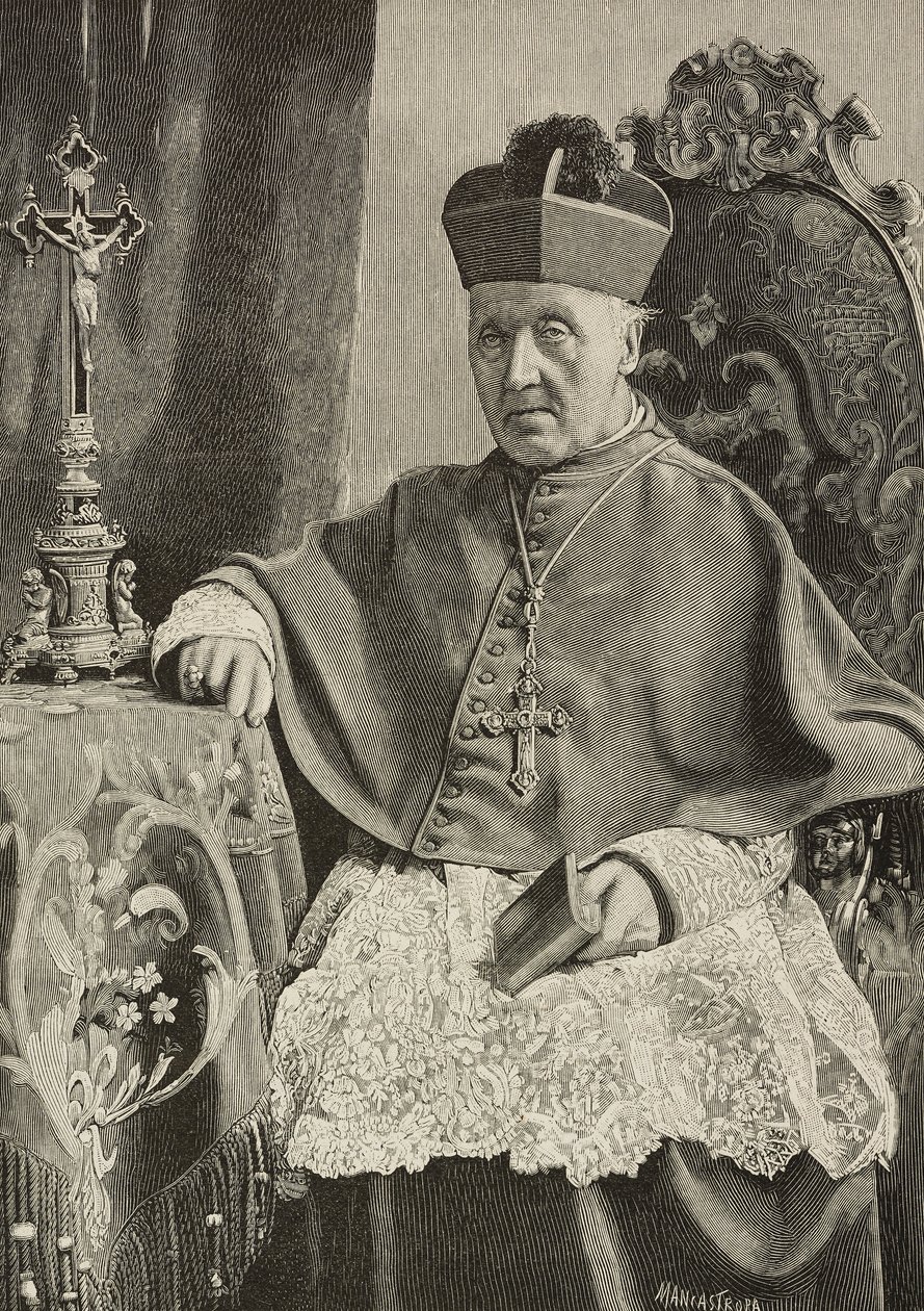 Portret Luigiego Nazari z Calabiana (1808-1893), włoskiego polityka i arcybiskupa Włoch, rytowany przez Ernesto Mancastropa według fotografii Ganziniego i Gabriela, z L