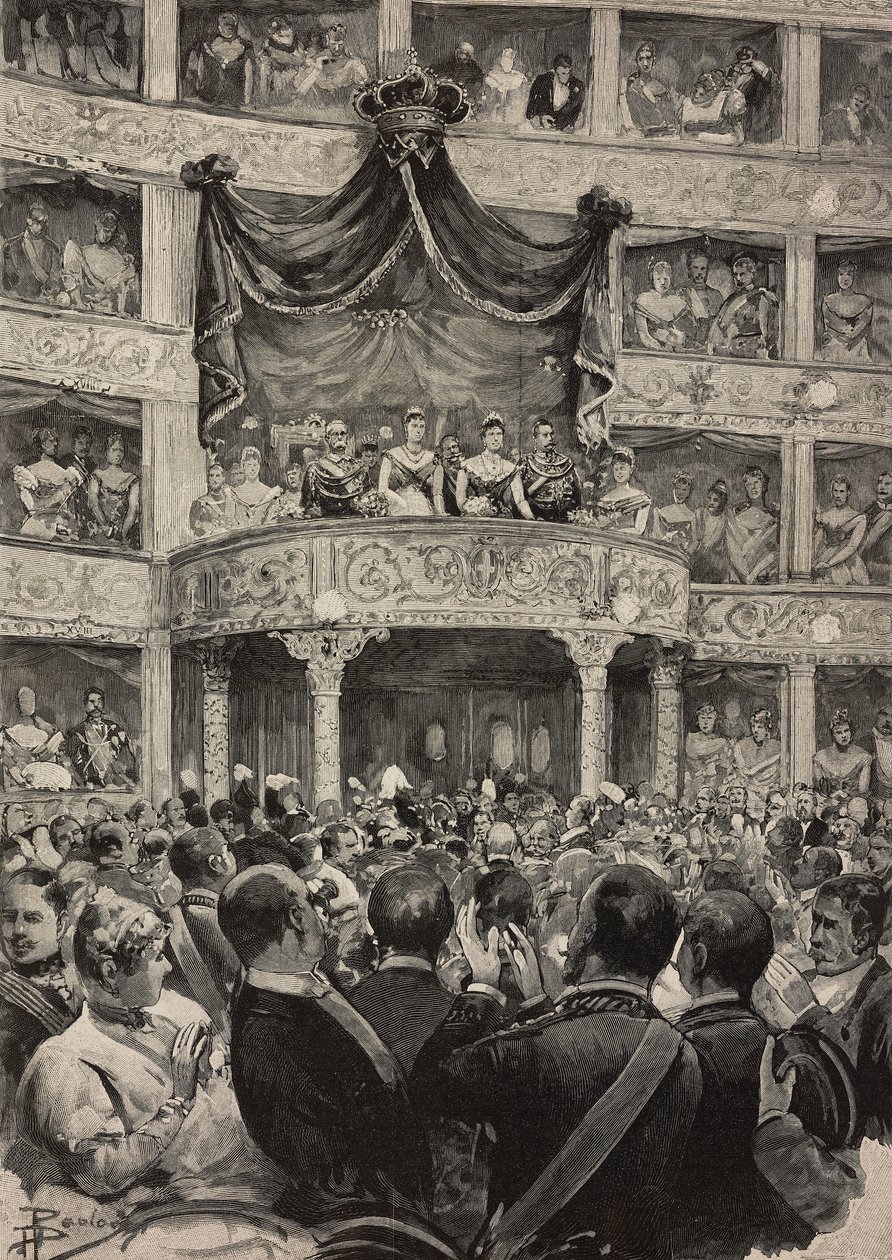 Umberto I i Małgorzata Sabaudii w towarzystwie władców Niemiec w Teatro Argentina z okazji srebrnych uroczystości weselnych, 21 kwietnia autorstwa Ernesto Mancastroppa