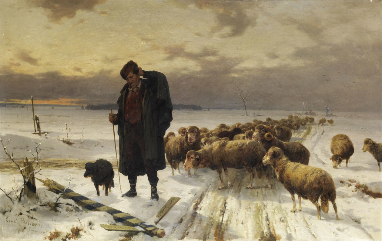 Pasterz ze stadem w zimowym krajobrazie autorstwa Adolf Ernst Meissner