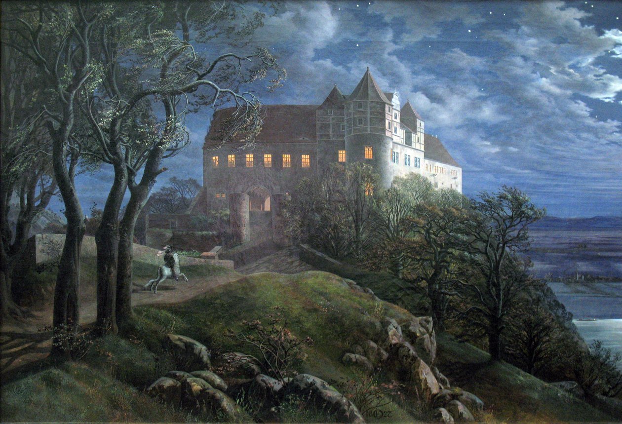 Burg Scharfenberg nocą autorstwa Ernst Ferdinand Oehme