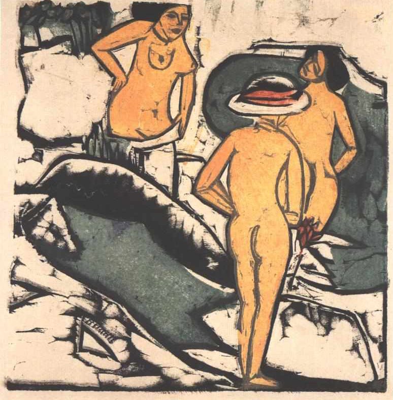Kobiety kąpiące się między białymi kamieniami autorstwa Ernst Ludwig Kirchner