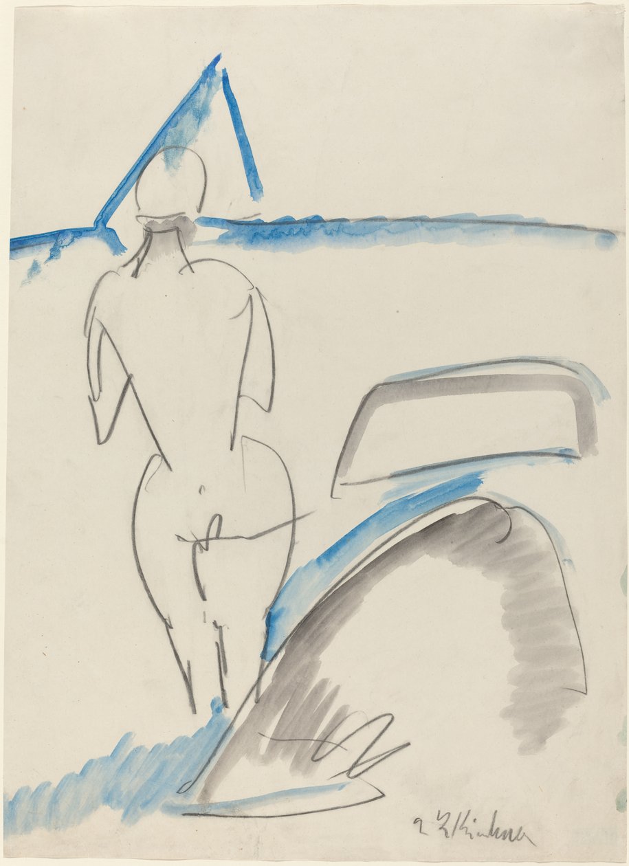 Bather on the Beach, 1912-13 (czarna kredka z niebieskim i szarym lakierem) autorstwa Ernst Ludwig Kirchner