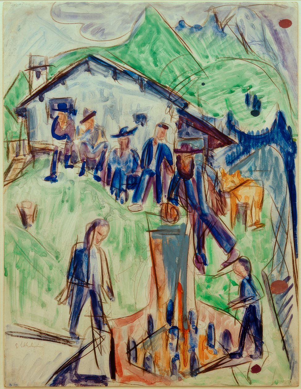 EL Kirchner, rolnicy przy fontannie przed chatą Stafelalp autorstwa Ernst Ludwig Kirchner