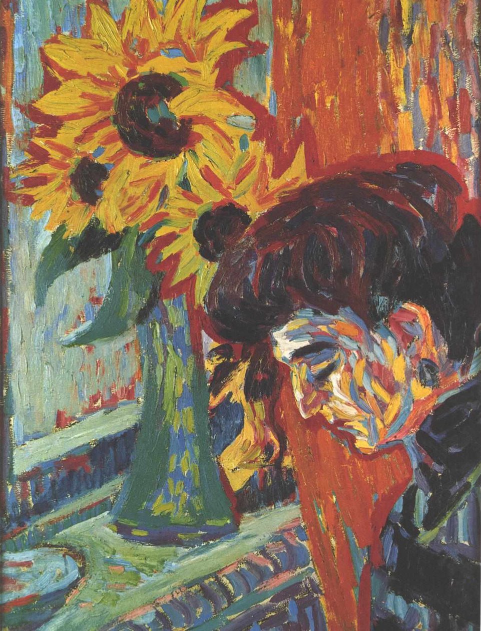 Głowa kobiety przed słonecznikami autorstwa Ernst Ludwig Kirchner