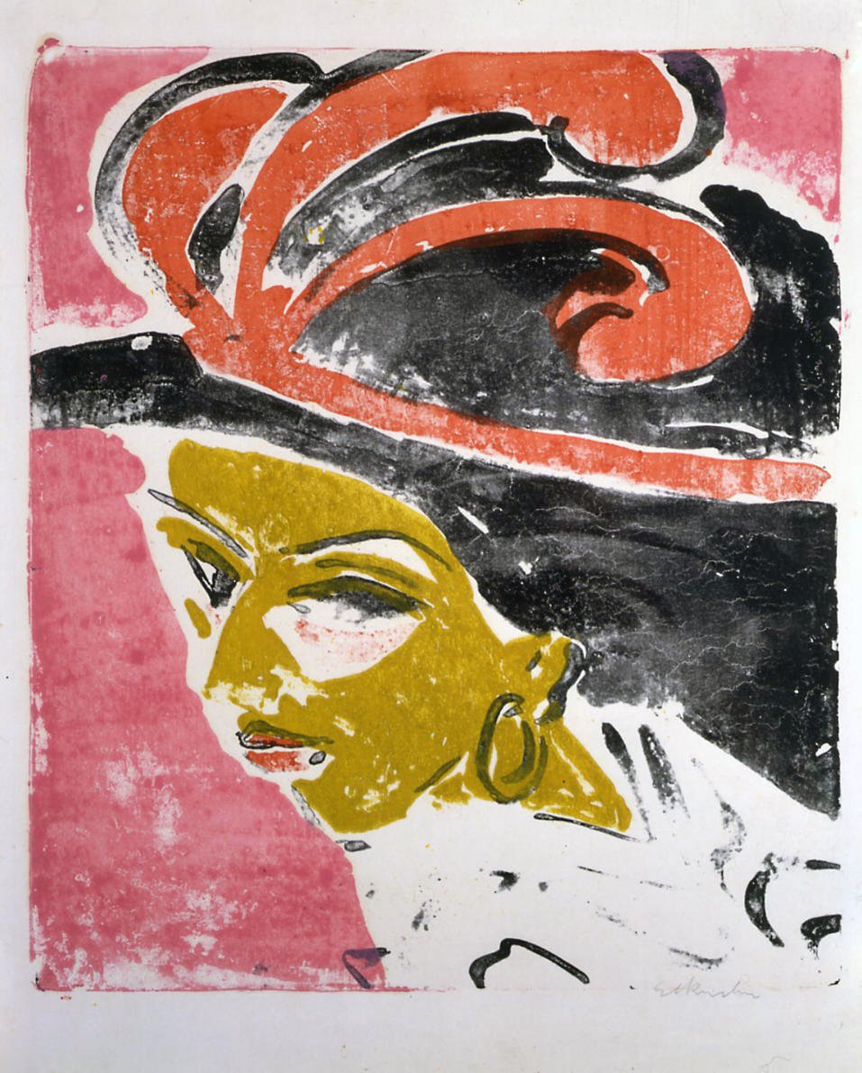Kokosowa głowa z piórkowym kapeluszem autorstwa Ernst Ludwig Kirchner