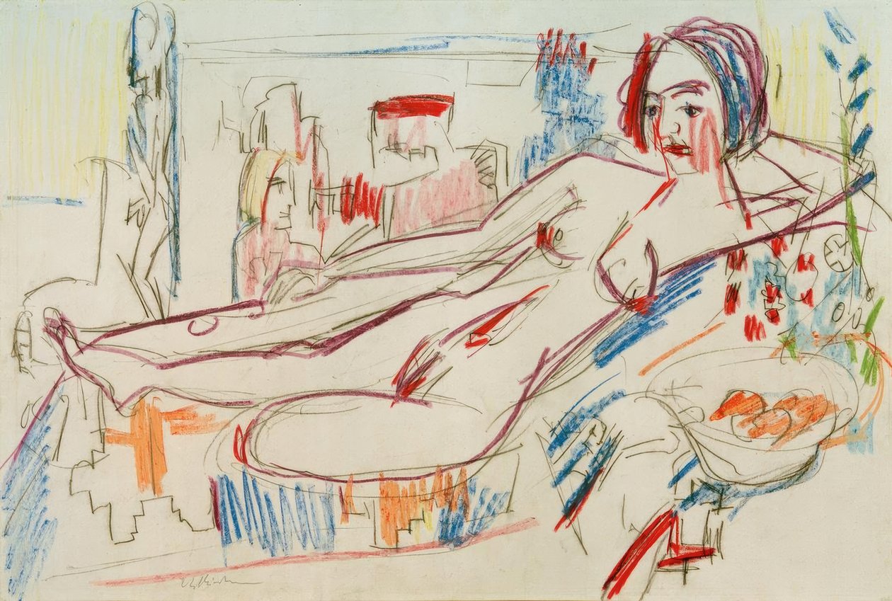 Leżąca nago kobieca na podnóżku autorstwa Ernst Ludwig Kirchner