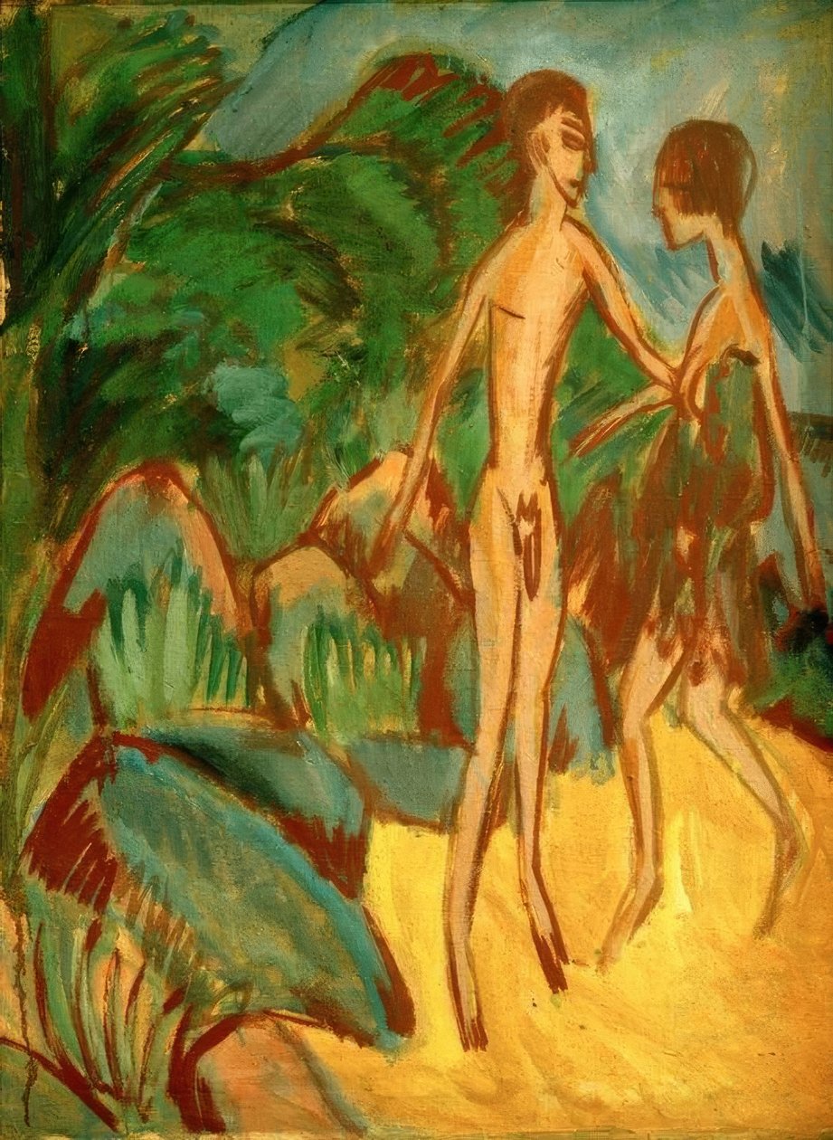Młody nagi mężczyzna i dziewczyna na plaży autorstwa Ernst Ludwig Kirchner