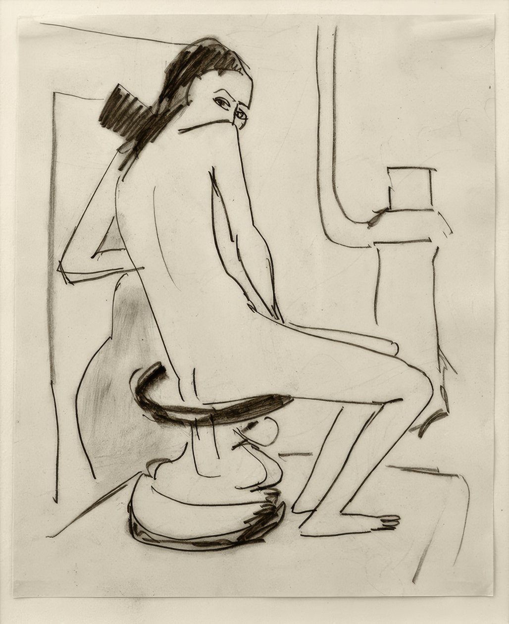 Bez tytułu (Marcella na rzeźbionym afrykańskim stołku z piecem ... autorstwa Ernst Ludwig Kirchner