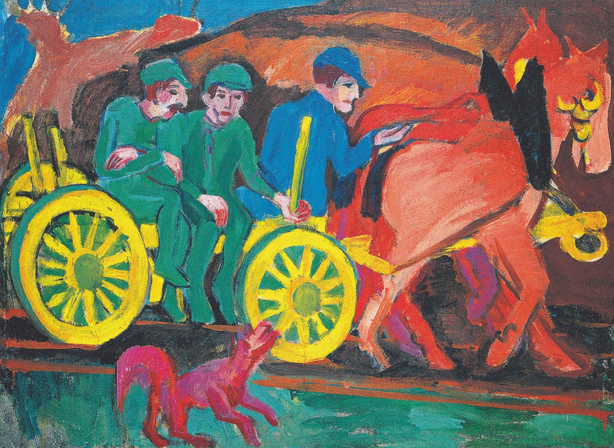 Drużyna koni z trzema rolnikami autorstwa Ernst Ludwig Kirchner