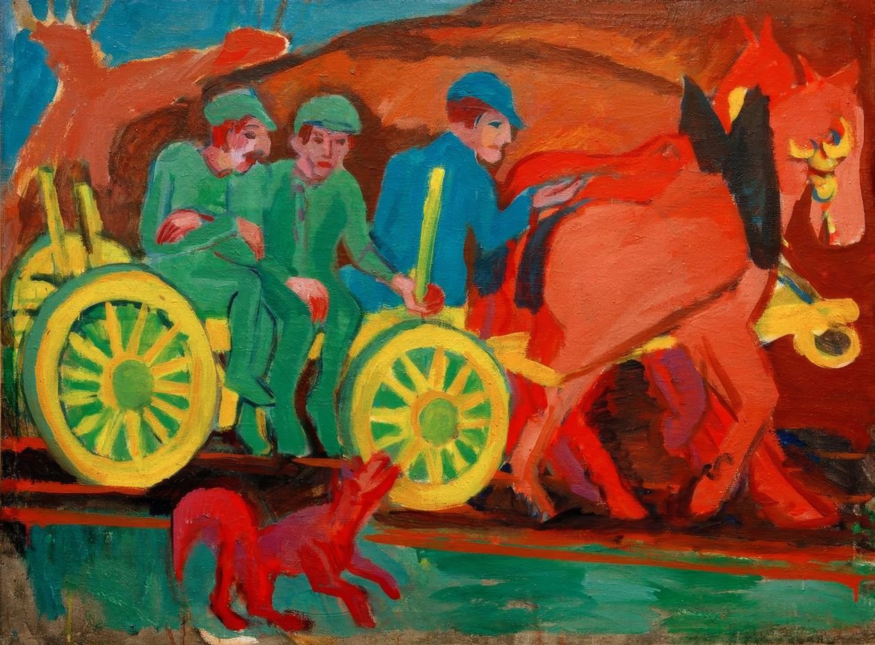 Drużyna koni z trzema rolnikami autorstwa Ernst Ludwig Kirchner
