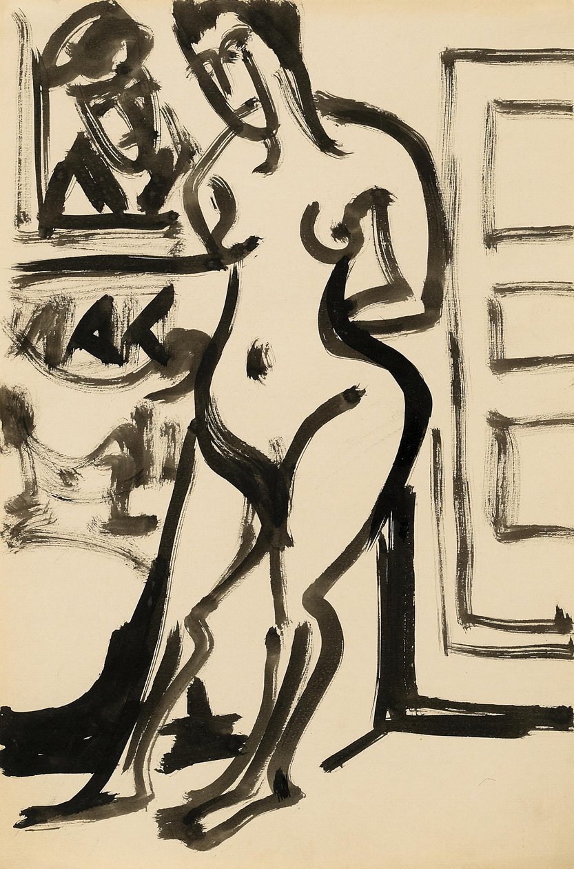 Stojąc nago przed zdjęciem w studiu autorstwa Ernst Ludwig Kirchner
