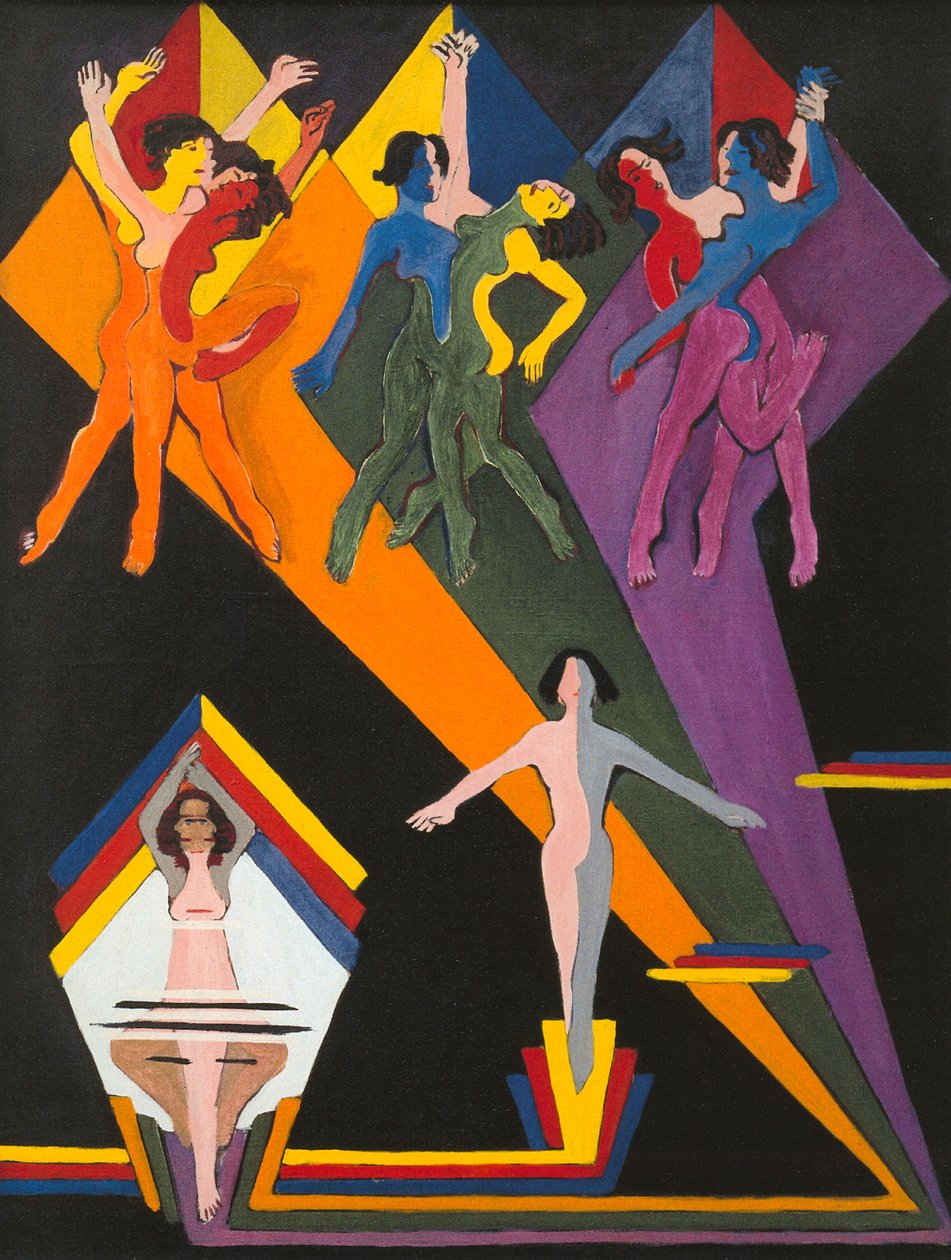 Tańczące dziewczyny w kolorowych promieniach autorstwa Ernst Ludwig Kirchner