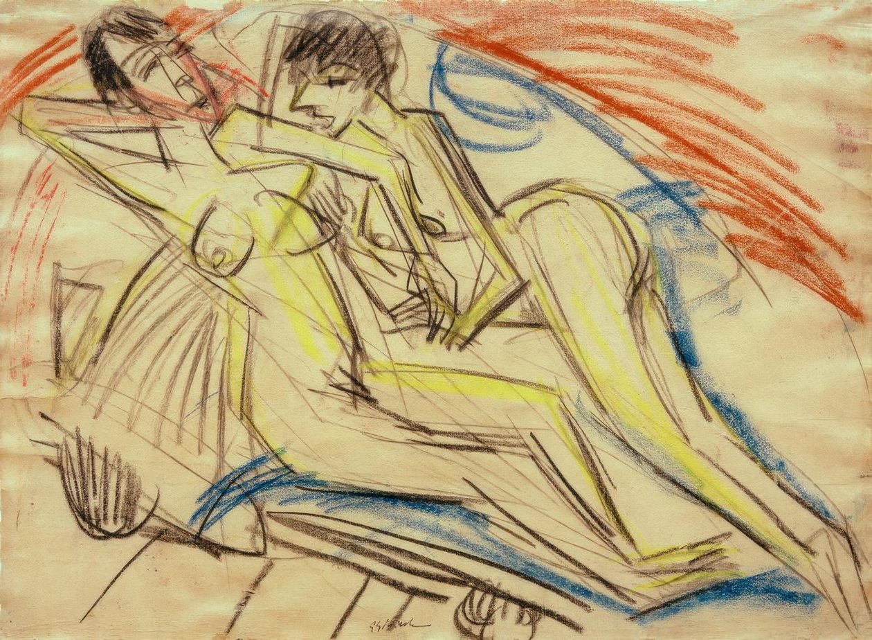 Dwie nagie dziewczyny na łóżku autorstwa Ernst Ludwig Kirchner