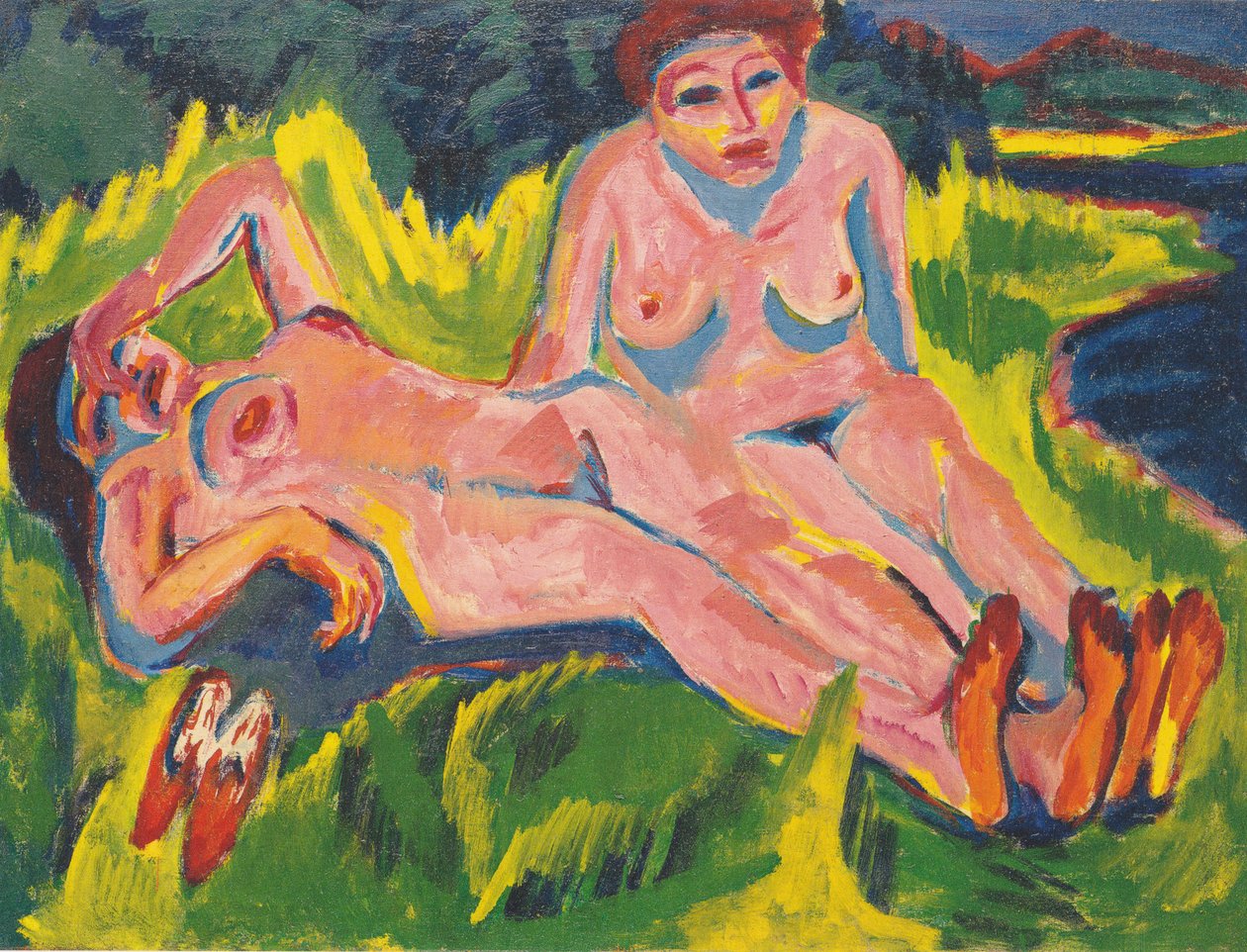 Dwa różowe akty nad jeziorem autorstwa Ernst Ludwig Kirchner