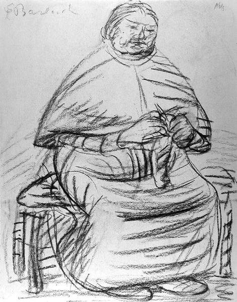 Stara kobieta robi na drutach (węgiel na papierze) (zdjęcie czarno-białe) autorstwa Ernst Barlach
