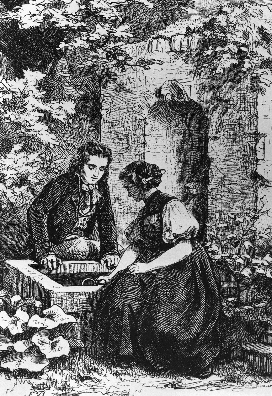 Hermann ja Dorothy suihkulähteellä, kuvitus Hermannille ja Dorothealle, Johann Wolfgang von Goethen (1749-1832) idylli, Ernst Boschin (1834-1917) piirtämän kaiverrus. autorstwa Ernst Bosch