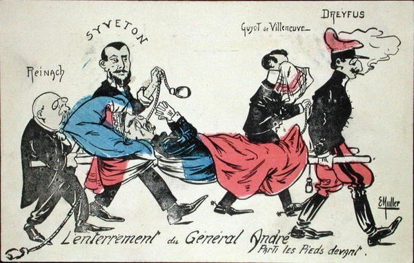 Pogrzeb generała Andre, wykonany najpierw stopami przez Josepha Reinacha (1856-1921), Gabriela Syvetona (1864-1904), Guyota de Villeneuve i Alfreda Dreyfusa (1855-1935) 1913 (akwaforta ręcznie kolorowana) autorstwa Ernst Emmanuel Muller