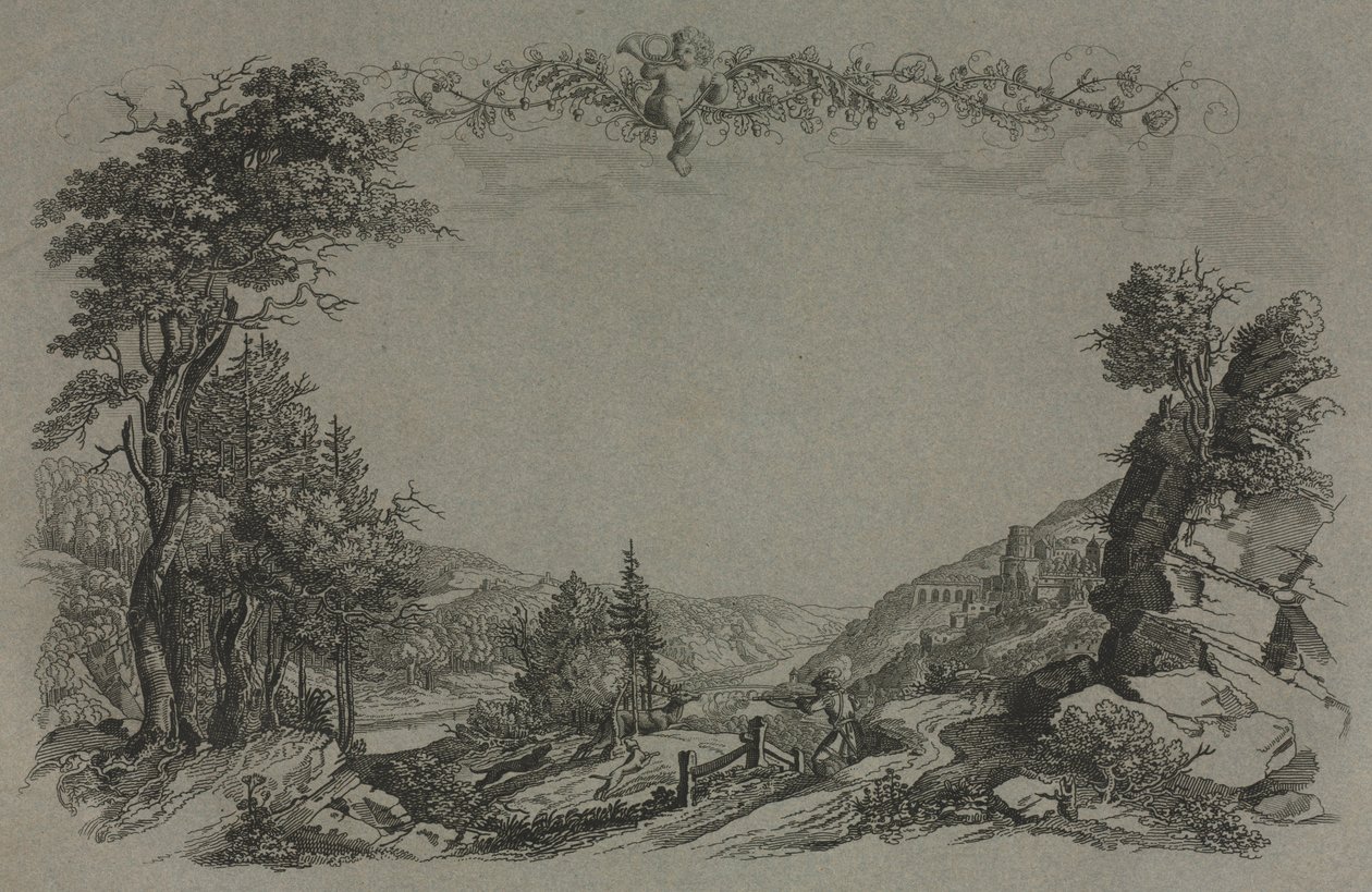 Sześć widoków zamku w Heidelbergu: okładka, scena polowania, 1820. autorstwa Ernst Fries