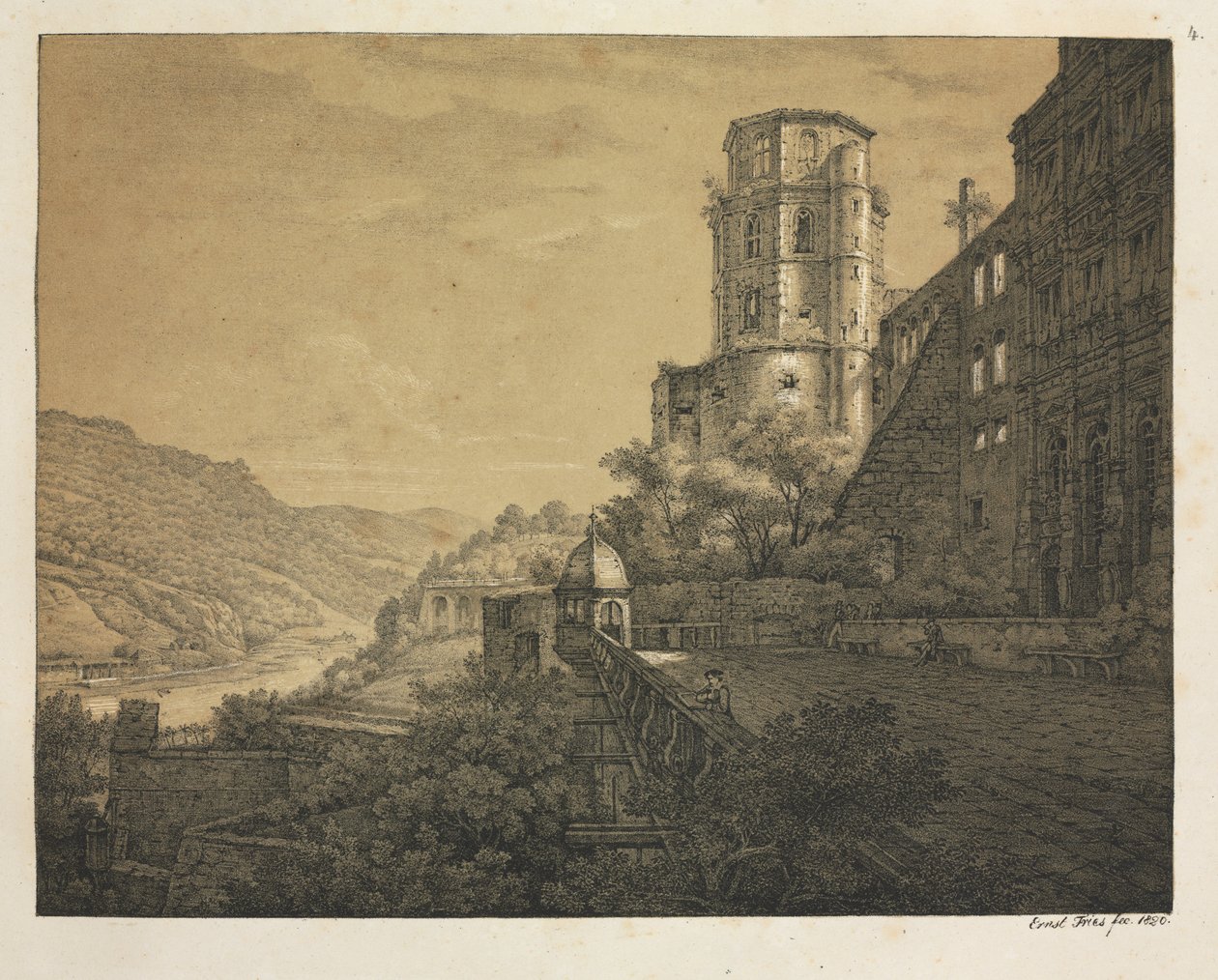 Sześć widoków zamku w Heidelbergu: dziedziniec, przy wejściu, 1820 r. autorstwa Ernst Fries