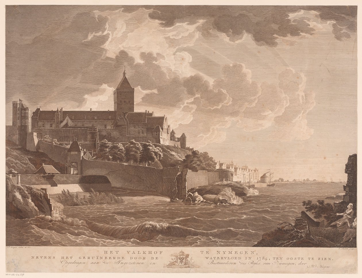 Widok na Valkhof w Nijmegen Valkhof w Nijmegen, obok zrujnowanego przez powódź w 1784 roku, od wschodu (tytuł na obiekcie) autorstwa Ernst Karl Gottlieb Thelott