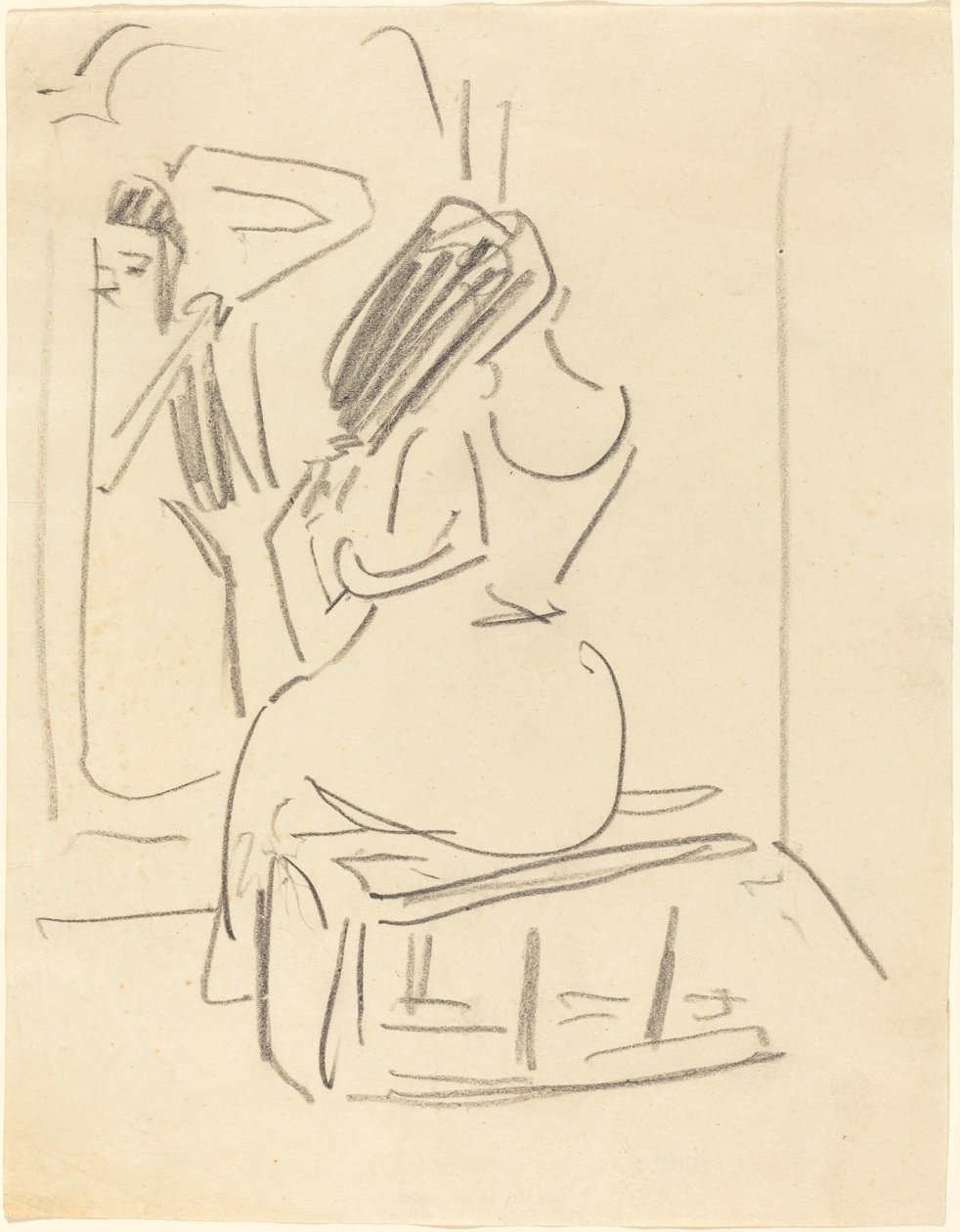 Kobieta czesząca włosy przed lustrem, koniec XIX-początek XX wieku. autorstwa Ernst Ludwig Kirchner
