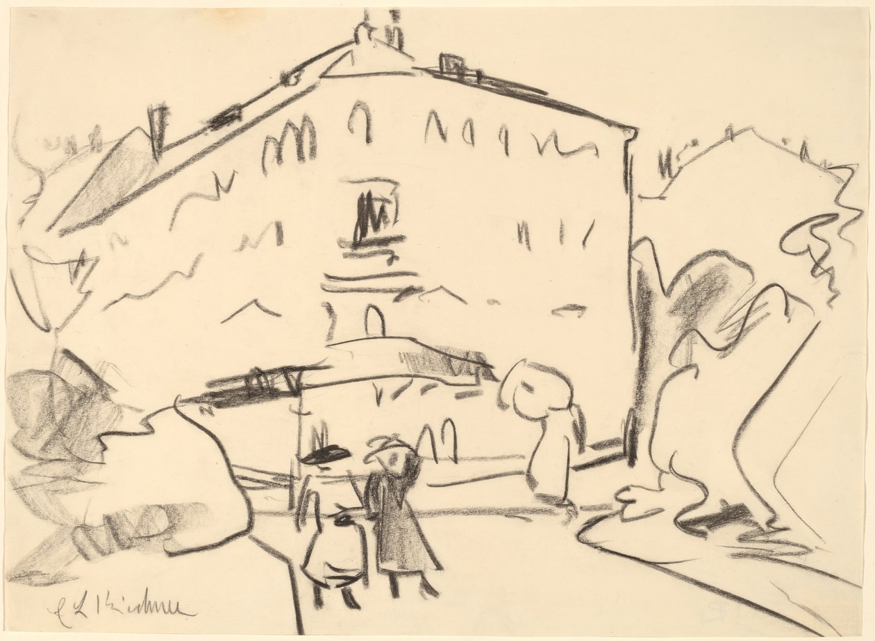Domy w Dreźnie z przechadzającymi się ludźmi, 1909. autorstwa Ernst Ludwig Kirchner