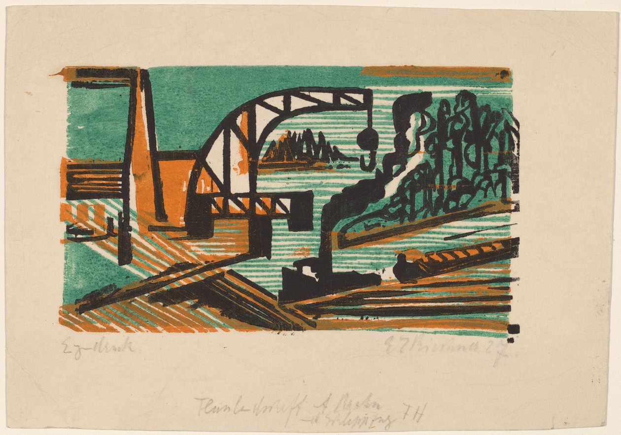 Krajobraz rzeczny z dźwigiem i barkami, 1927. autorstwa Ernst Ludwig Kirchner