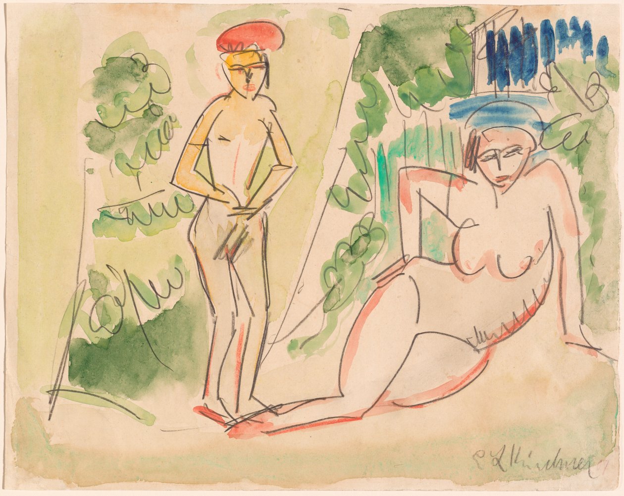 Dwóch kąpiących się w pobliżu lasu, 19101911. autorstwa Ernst Ludwig Kirchner