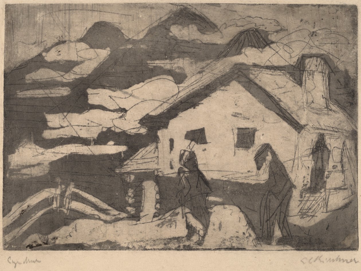 Chaty alpejskie we mgle autorstwa Ernst Ludwig Kirchner