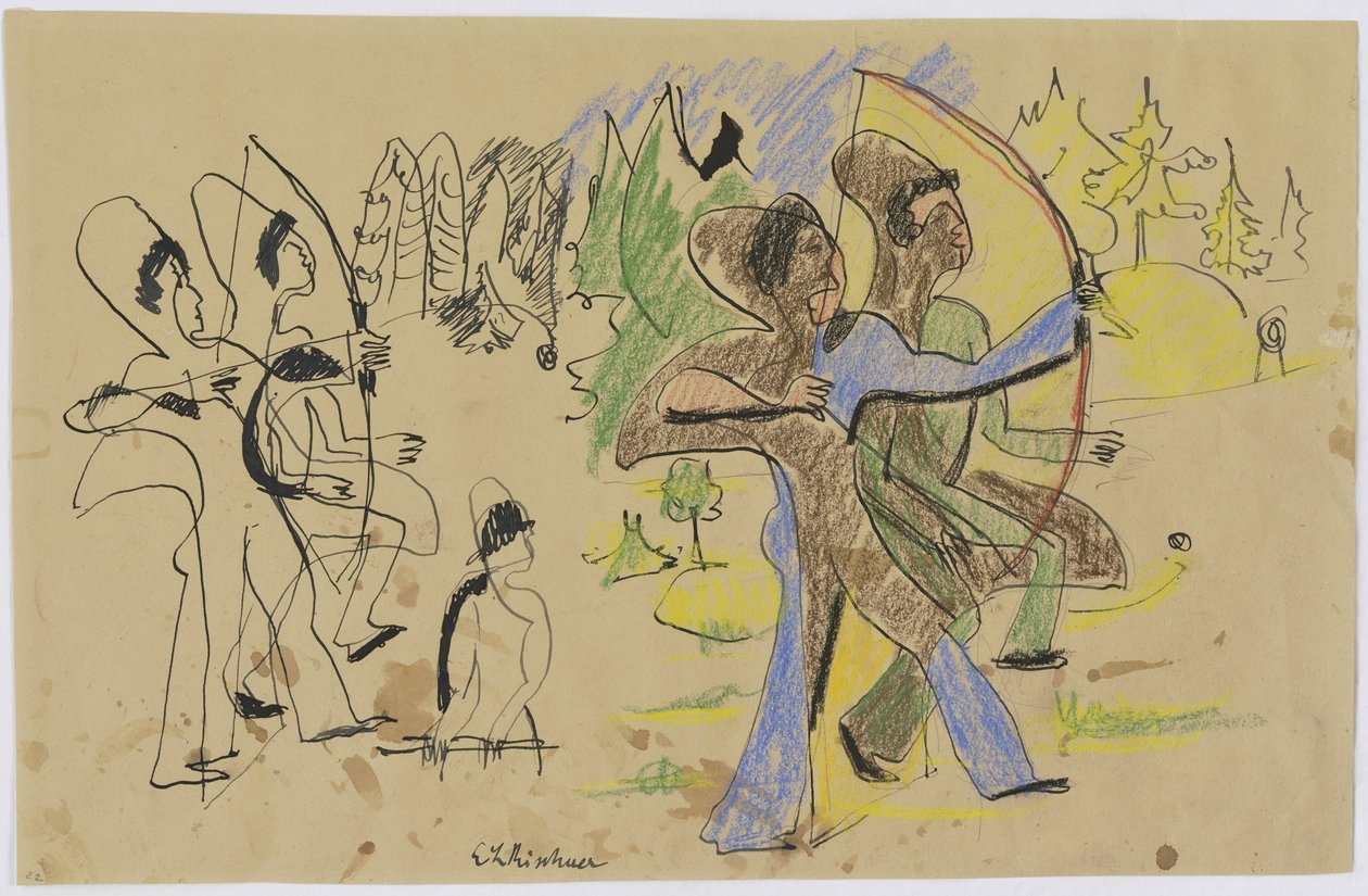 Łucznicy, ok. 1935 (pióro i kreda na brązowym papierze) autorstwa Ernst Ludwig Kirchner