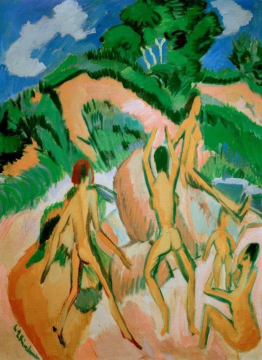 Kąpiący się między wydmami (Fehmarn) autorstwa Ernst Ludwig Kirchner
