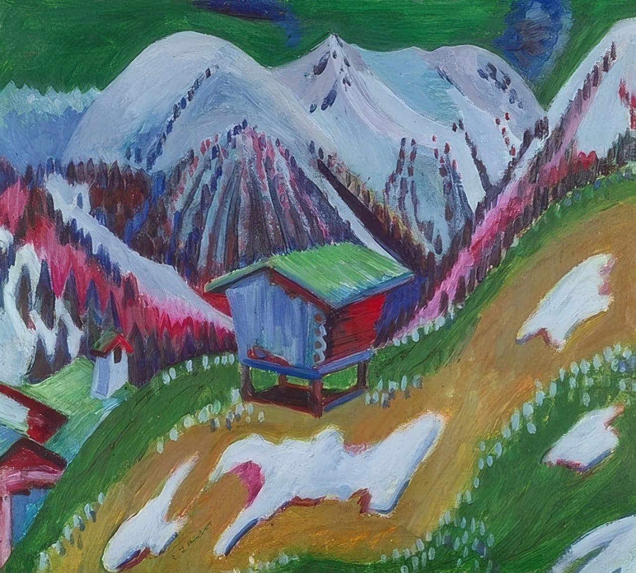 Krajobraz górski z chatką alpejską. Około 1922 r. autorstwa Ernst Ludwig Kirchner