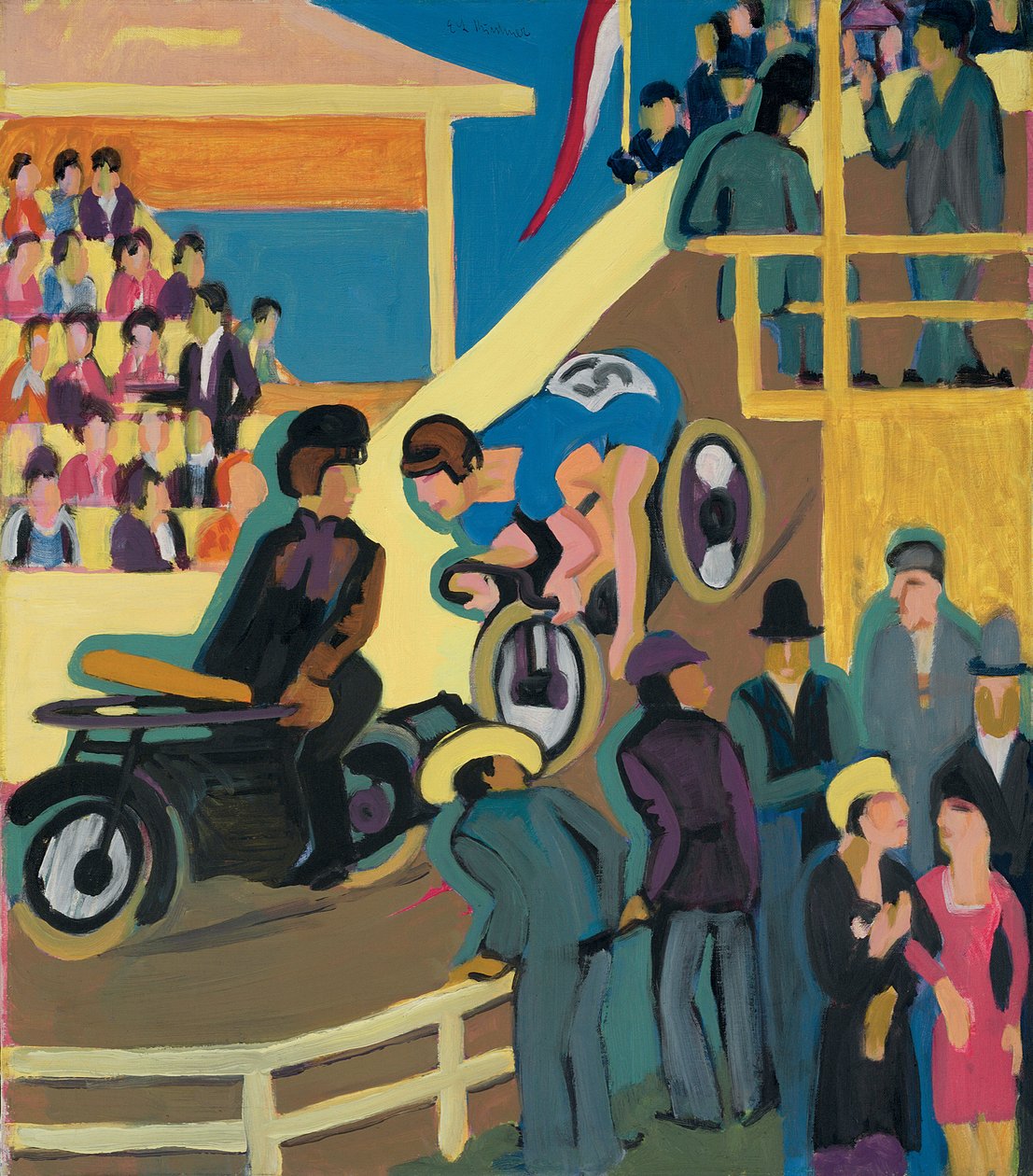 Wyścig rowerowy z sztafetą motorową; Wyścigi kolarskie z tytułami zmotoryzowanymi, 1927-1928 autorstwa Ernst Ludwig Kirchner