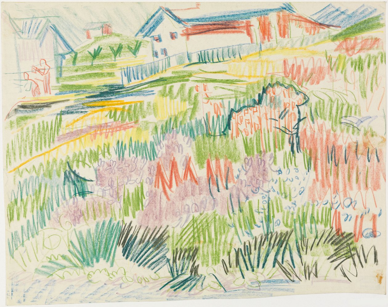 Łąka pełna kwiatów z domami autorstwa Ernst Ludwig Kirchner