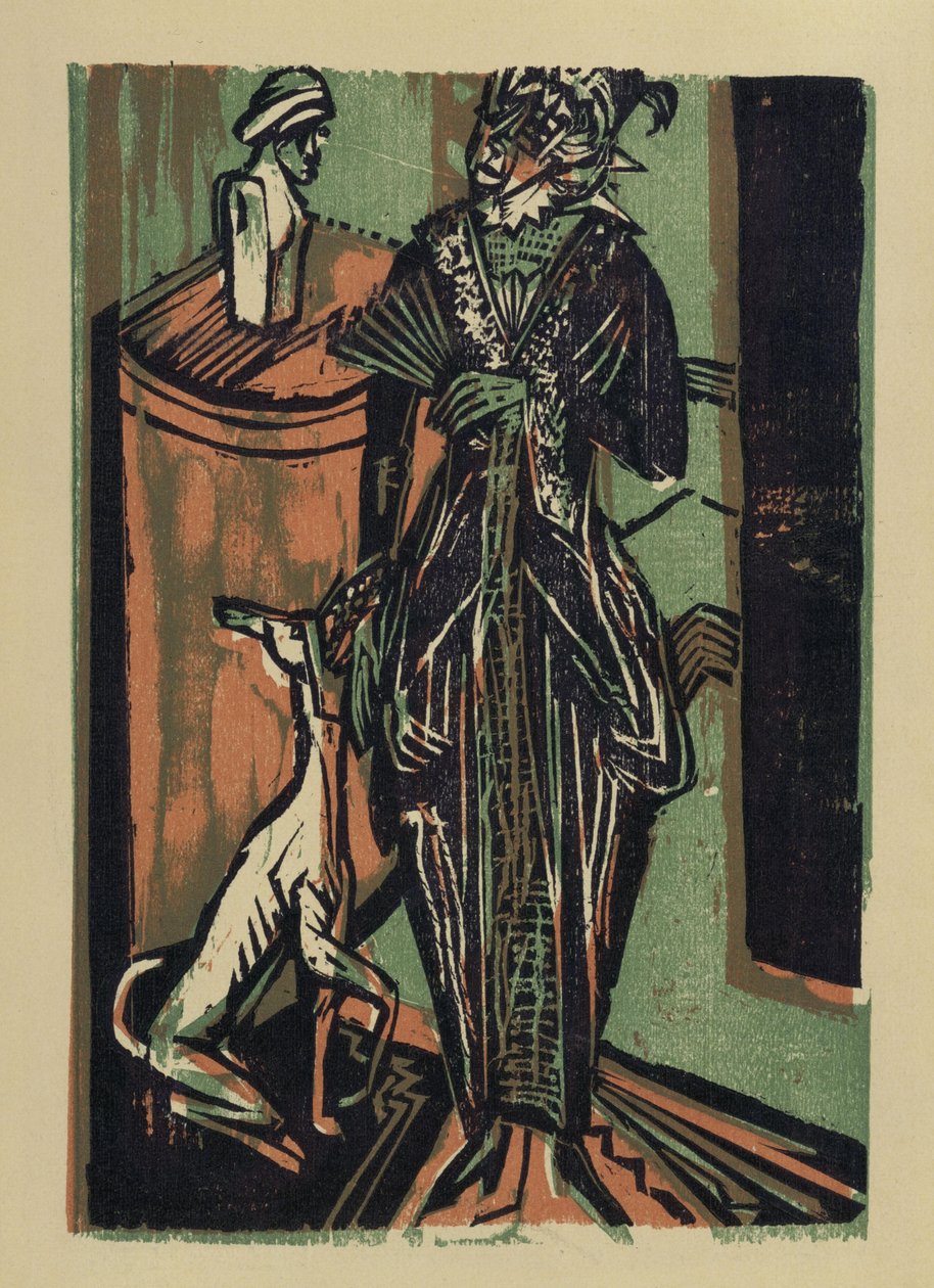 Dama z psem. Z: Katalog wystawy ubiorów z pracowni hafciarskiej pani Eucken w Bremie autorstwa Ernst Ludwig Kirchner