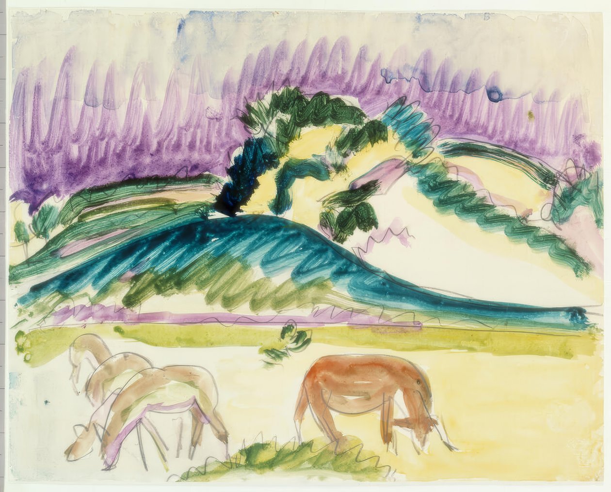 Trzy pasące się jelenie i krowa w Fehmarn autorstwa Ernst Ludwig Kirchner