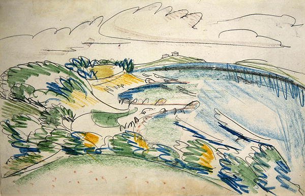 Wybrzeże Fehmarn w pobliżu Wulfen (ołówek i kredka woskowa na papierze) autorstwa Ernst Ludwig Kirchner