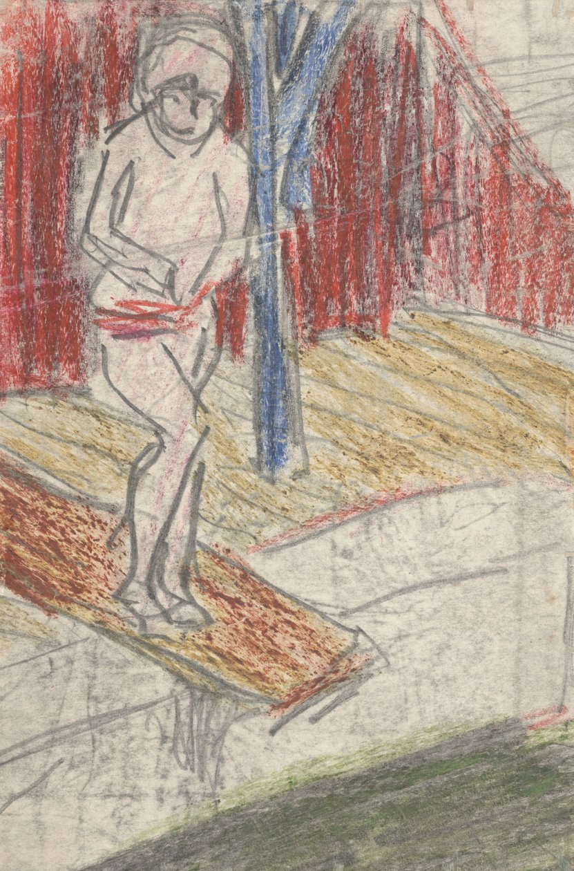 Figurka na desce do nurkowania (ołówek i kredka na papierze) autorstwa Ernst Ludwig Kirchner
