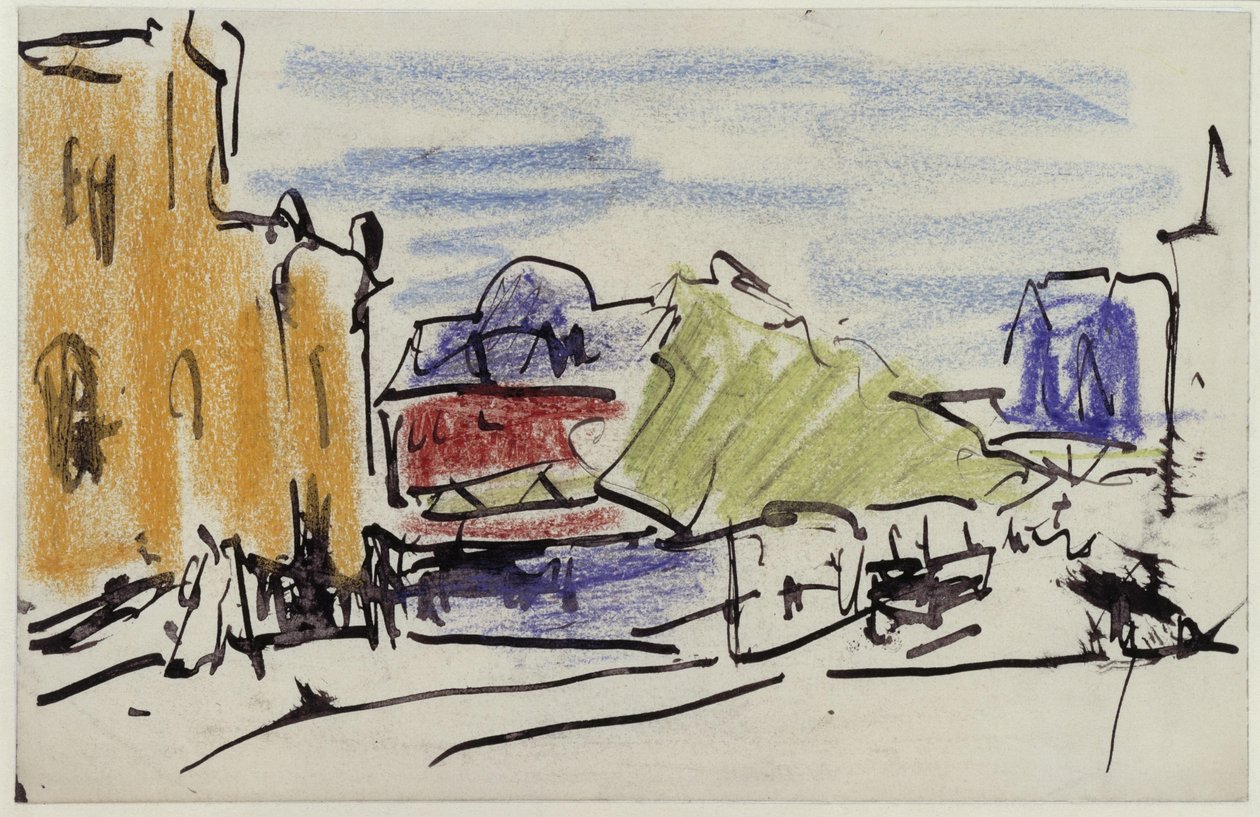 Krajobraz rzeczny z domami i kładką dla pieszych autorstwa Ernst Ludwig Kirchner