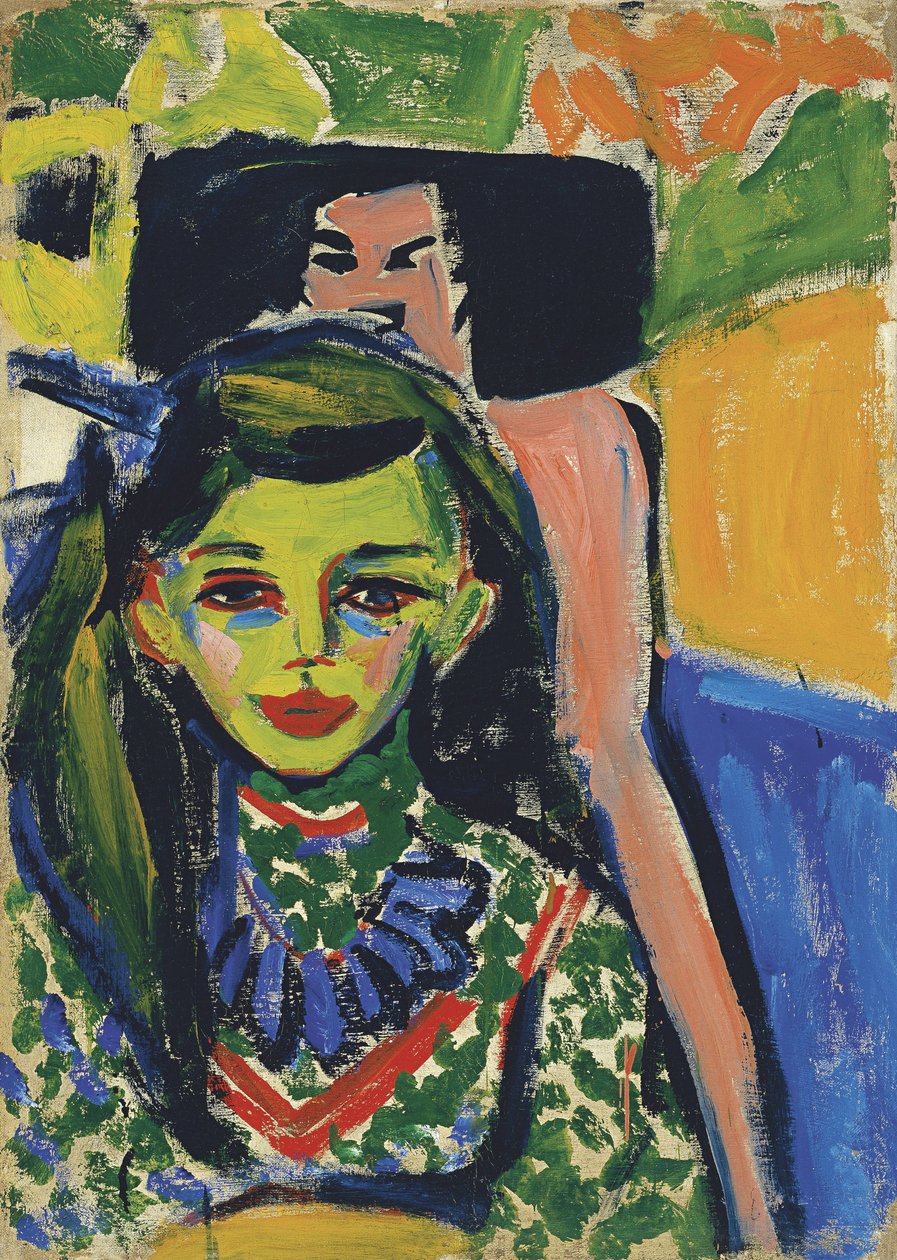 Fränzi przed rzeźbionym krzesłem, 1910 autorstwa Ernst Ludwig Kirchner