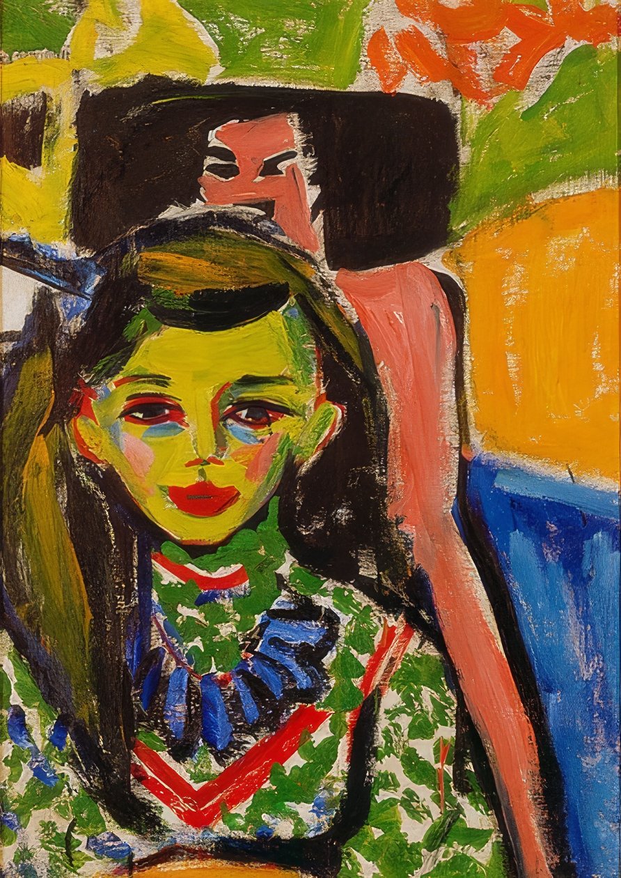 Fränzi przed rzeźbionym krzesłem. 1910 autorstwa Ernst Ludwig Kirchner