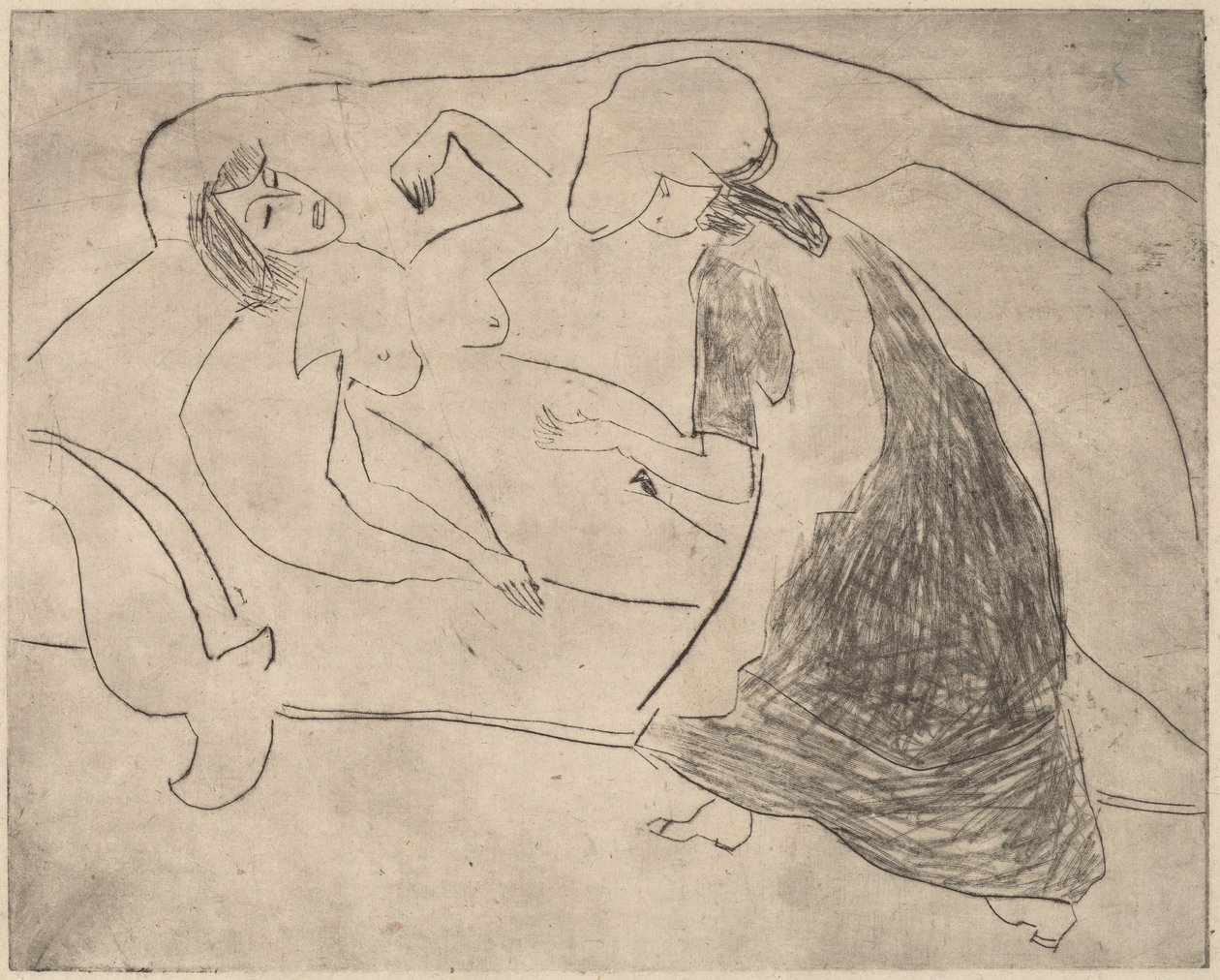Dziewczyna z inną masującą jej brzuch autorstwa Ernst Ludwig Kirchner