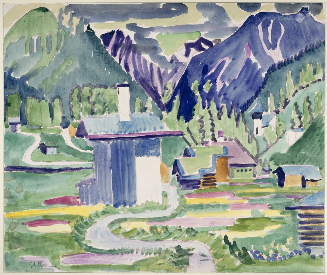 Domy w Islen, z widokiem na kościół w Frauenkirch autorstwa Ernst Ludwig Kirchner