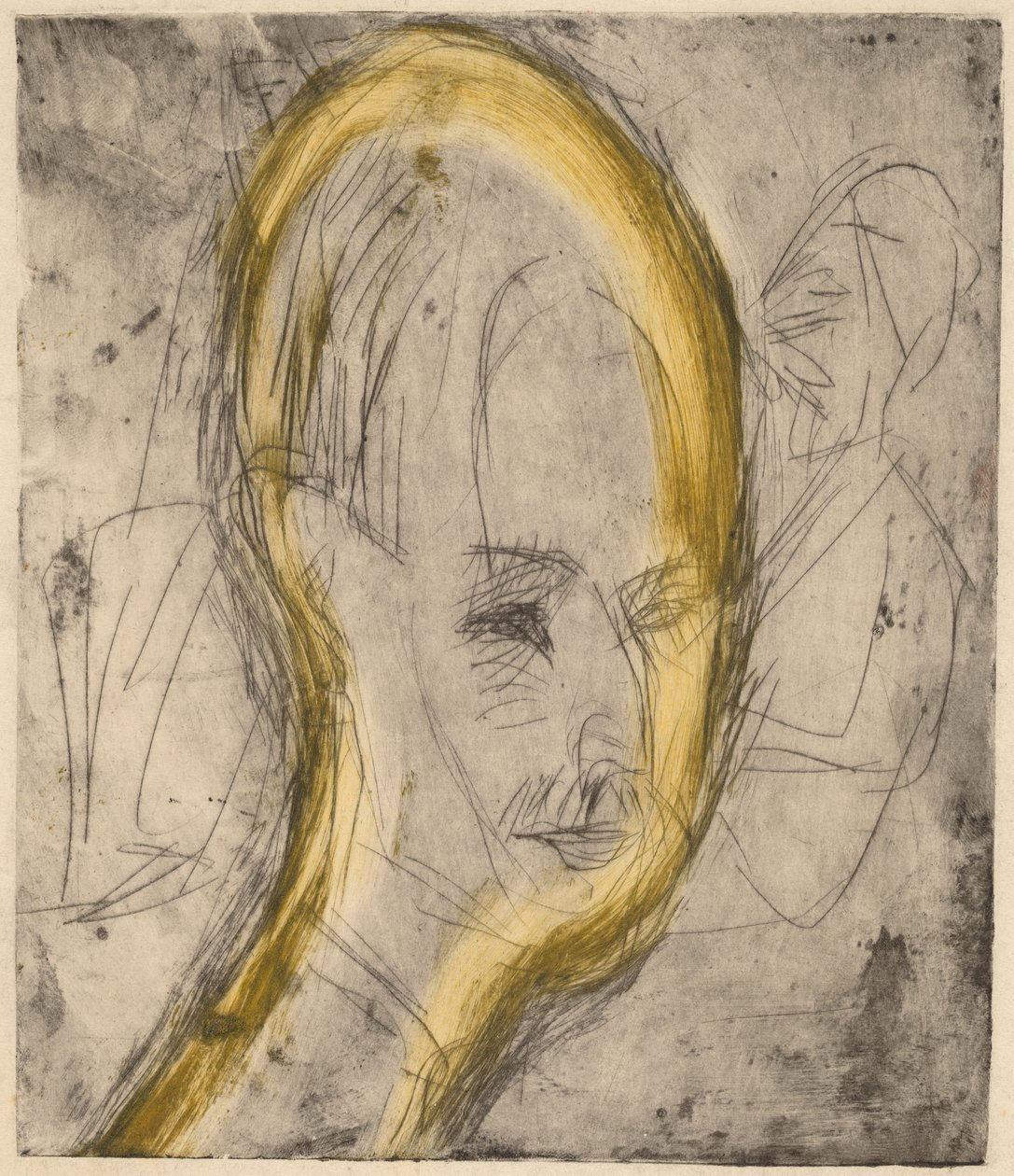 Kierownik dr Bauer, 1921 (akwaforta i sucha igła wydrukowane w kolorze czarnym z żółtym przetarciem monotypii) autorstwa Ernst Ludwig Kirchner