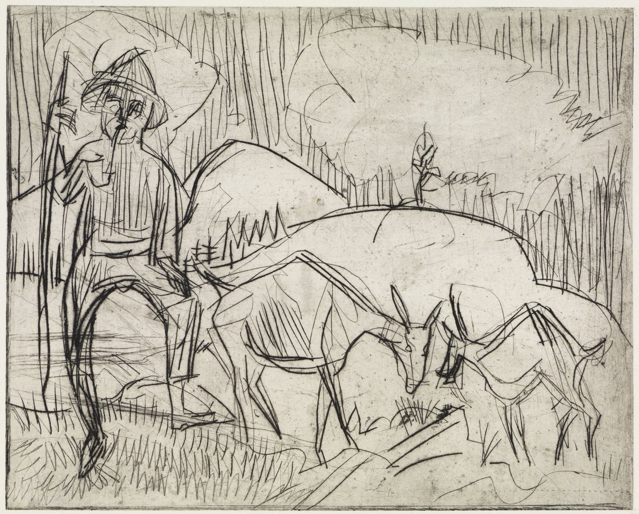 Pasterz z kozami/Górskie zbocze z ludźmi i kozami autorstwa Ernst Ludwig Kirchner